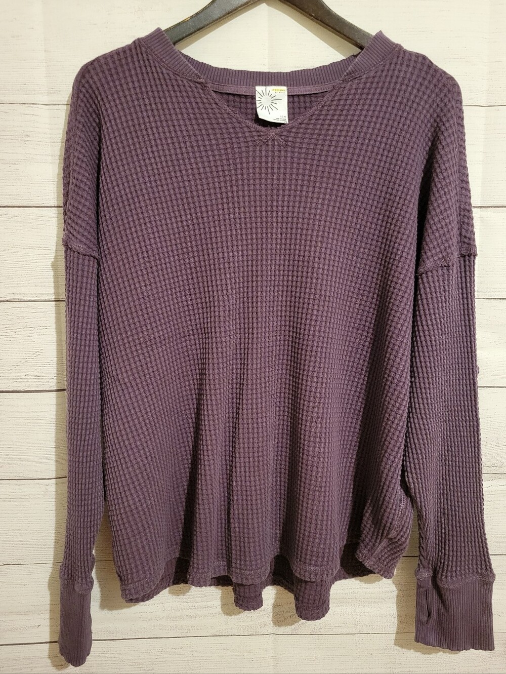 OFFLINE by Aerie Womens Purple Waffle Knit Thermal Top Striped Thumbhole Large